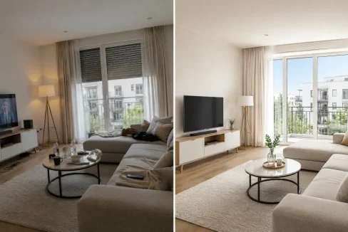 Primer loše i pravilno fotografisane dnevne sobe pre i posle pripreme nekretnine za oglas