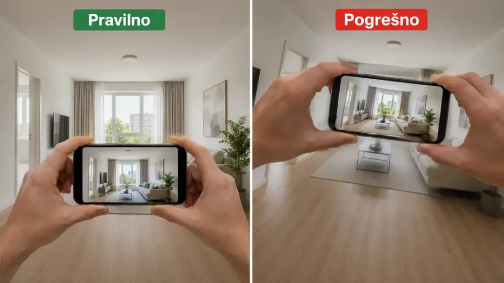 Poređenje pravilnog i pogrešnog ugla fotografisanja stana telefonom
