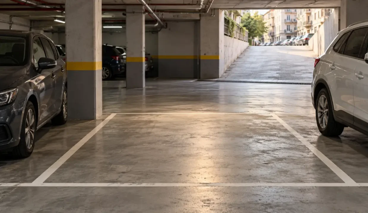 Prazno garažno mesto između parkiranih automobila u podzemnoj garaži stambene zgrade.