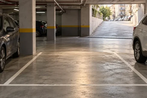 Prazno garažno mesto između parkiranih automobila u podzemnoj garaži stambene zgrade.