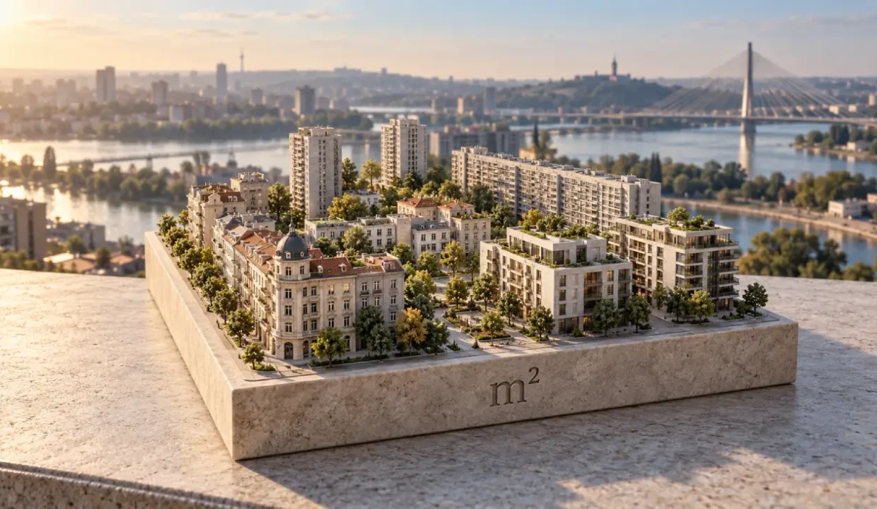 Maketa Beograda sa starim i modernim stambenim zgradama na kvadratnoj ploči sa oznakom m².