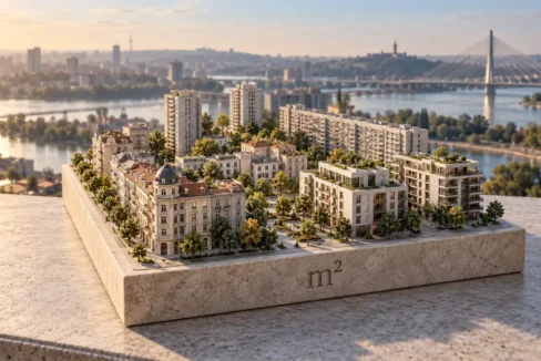 Maketa Beograda sa starim i modernim stambenim zgradama na kvadratnoj ploči sa oznakom m².