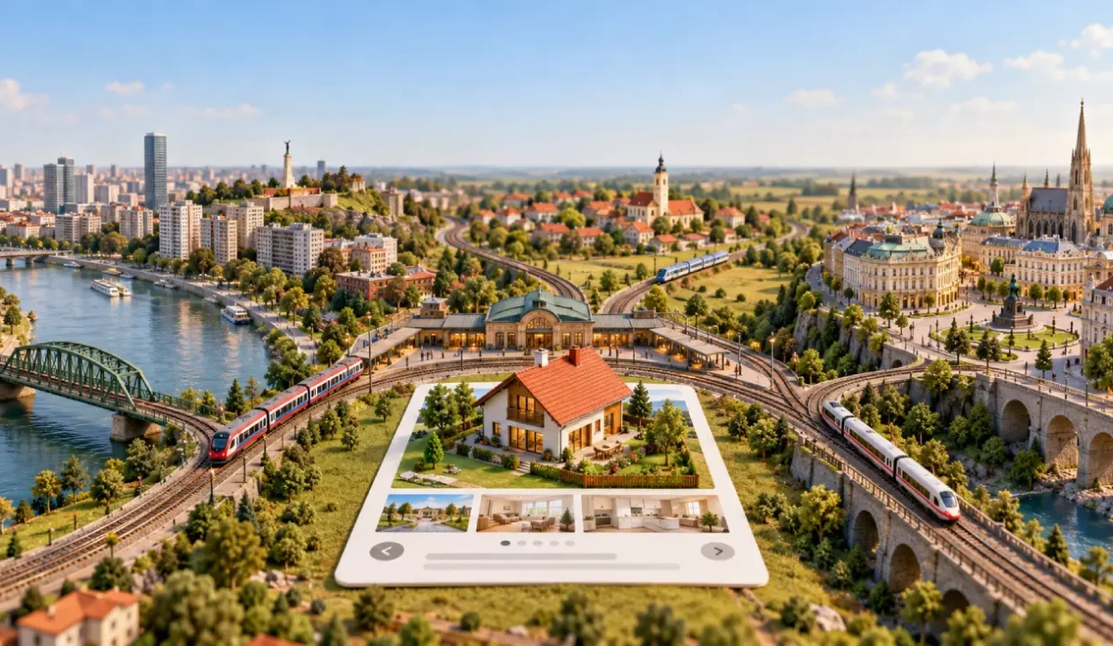 Maketa kuće na kartici oglasa, povezana prugama sa Beogradom, vojvođanskim mestom i evropskim gradom.