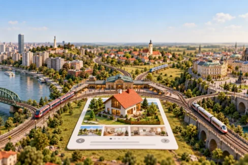 Maketa kuće na kartici oglasa, povezana prugama sa Beogradom, vojvođanskim mestom i evropskim gradom.