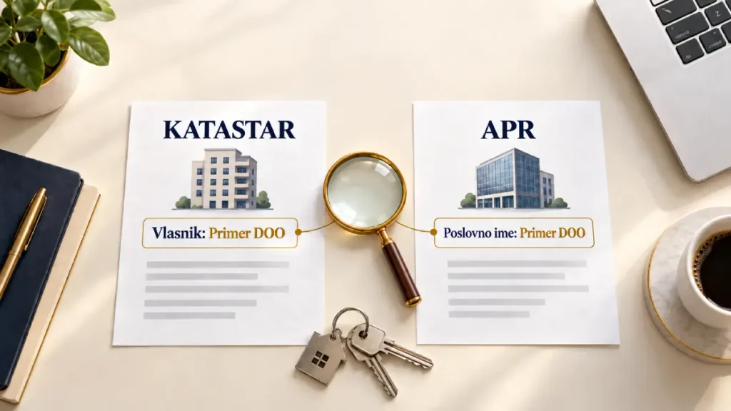 eKatastar: šta da proverite pre kapare za stan Ilustracija poređenja podataka o firmi u katastru i APR-u pri proveri vlasnika nekretnine